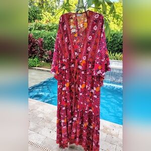 *NEW* SEA LUSTRE BOHO-CHIC FLORAL FLOWY KIMONO WRAP RED MAXI DUSTER DRESS SZ M-L